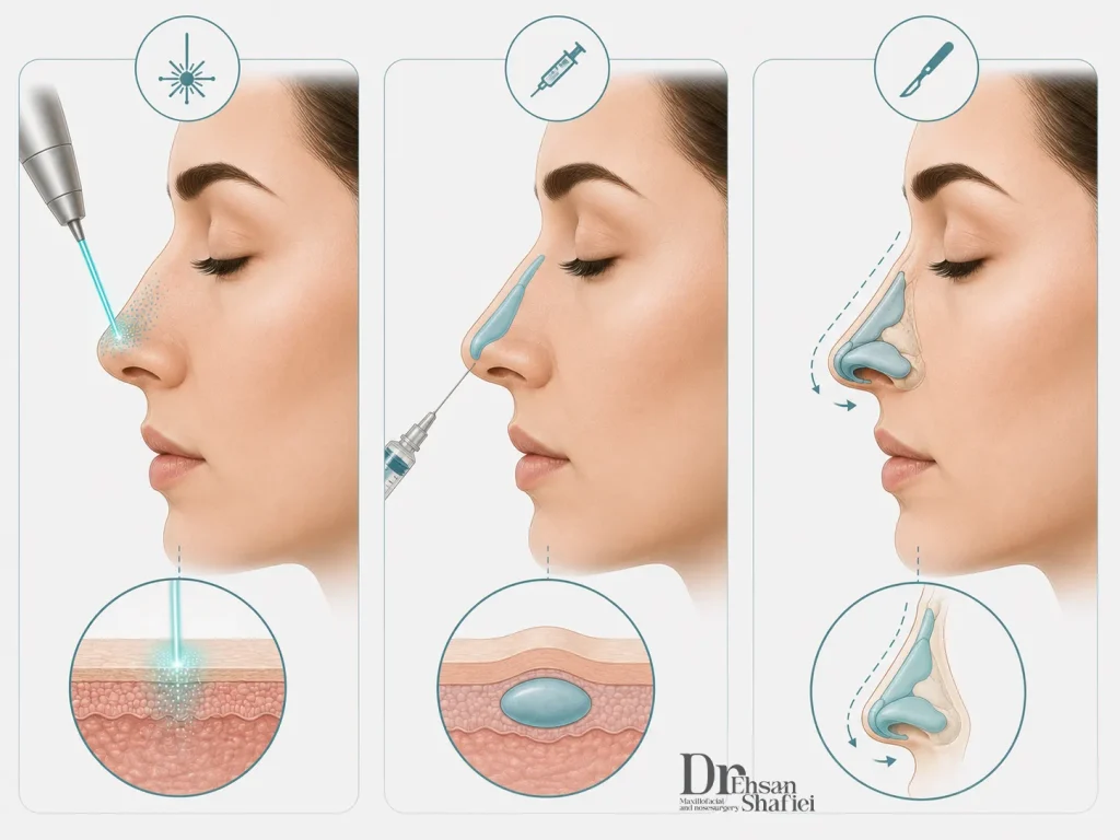 تفاوت کاربرد لیزر روی پوست، فیلر برای حجم و جراحی برای تغییر ساختار بینی